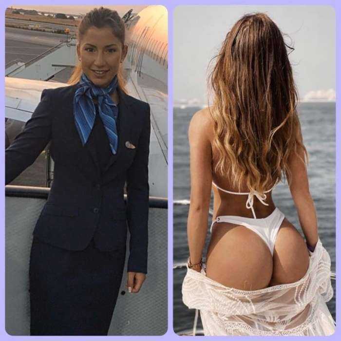 Молодые и красивые стюардессы в форме и без нее