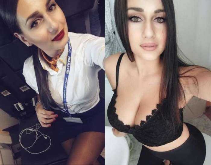 Молодые и красивые стюардессы в форме и без нее